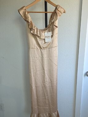 Show Me Your Mumu Champagne Satin Maxi Dress with Ruffle Detail